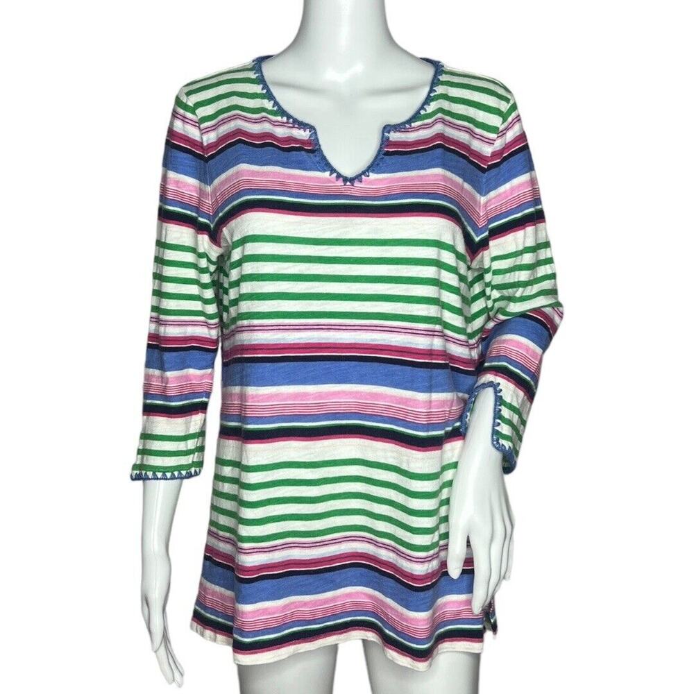 Talbots Shirt Womens Medium White Multi Striped Embroidered‎ Cotton Linen Casual
